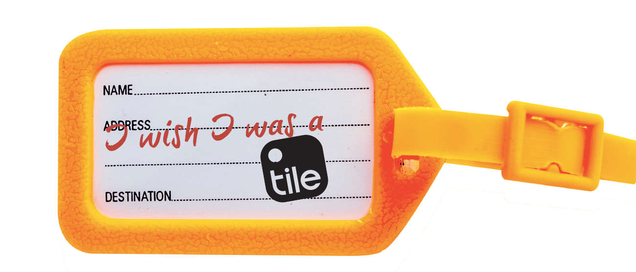 A luggage tag with the Tile logo on it