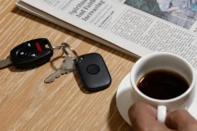 A Life360 Tile Pro attached to a set of keys.