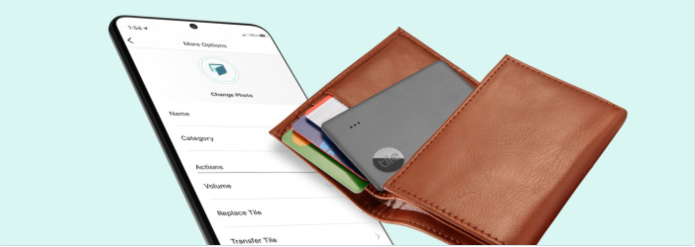 A Tile slim in a wallet and the Tile app