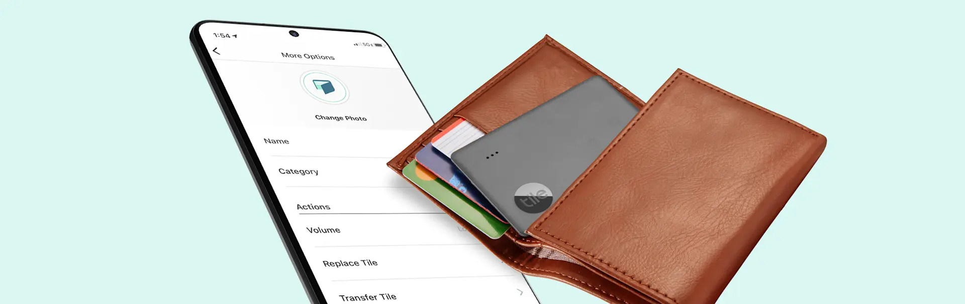 A Tile slim in a wallet and the Tile app