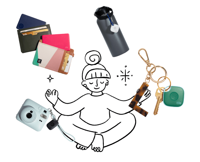 Illustrated person with everything around them attached to Tile trackers