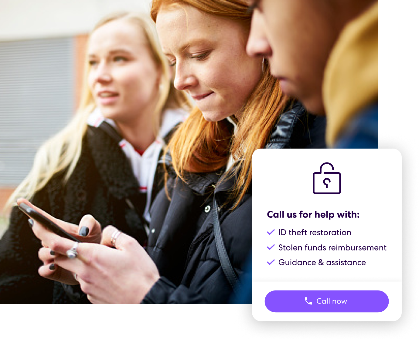 Teenagers looking at a cellphone; Life360 Identity Theft features