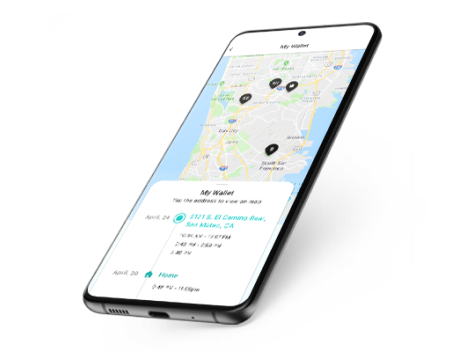 An image showing the location history of a person's wallet on the Tile App