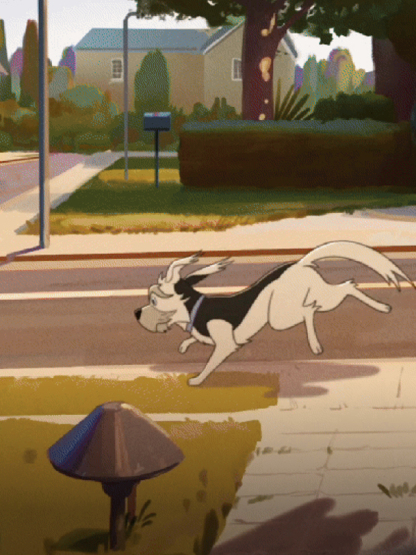 Cartoon dog running away down the street