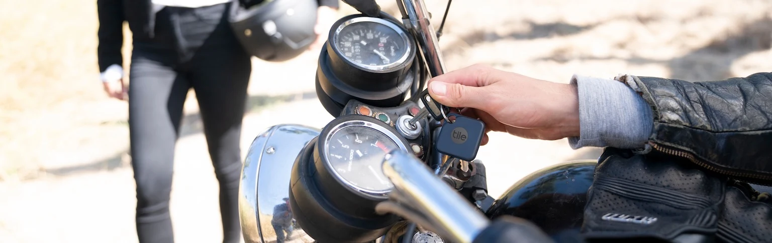 Motorcycle keys with a Tile mate attached