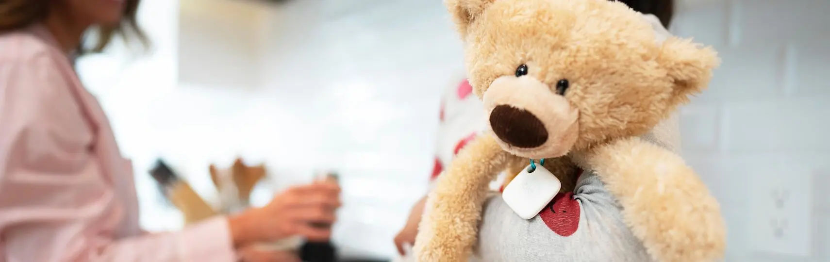 A plush bear with a Tile mate attached