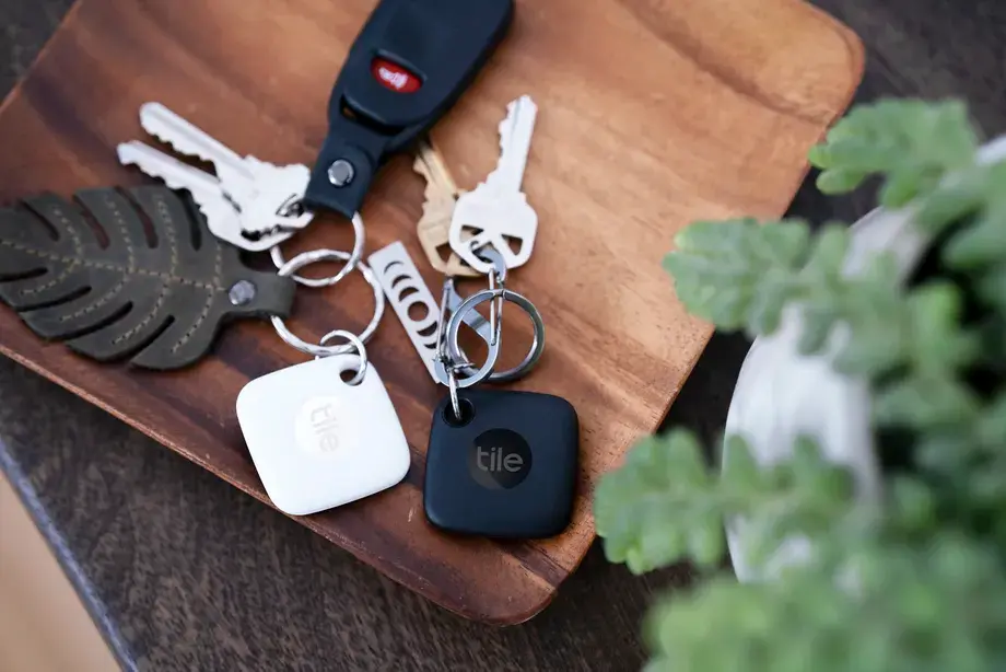 Black and white Tile mates attached to pairs of keys