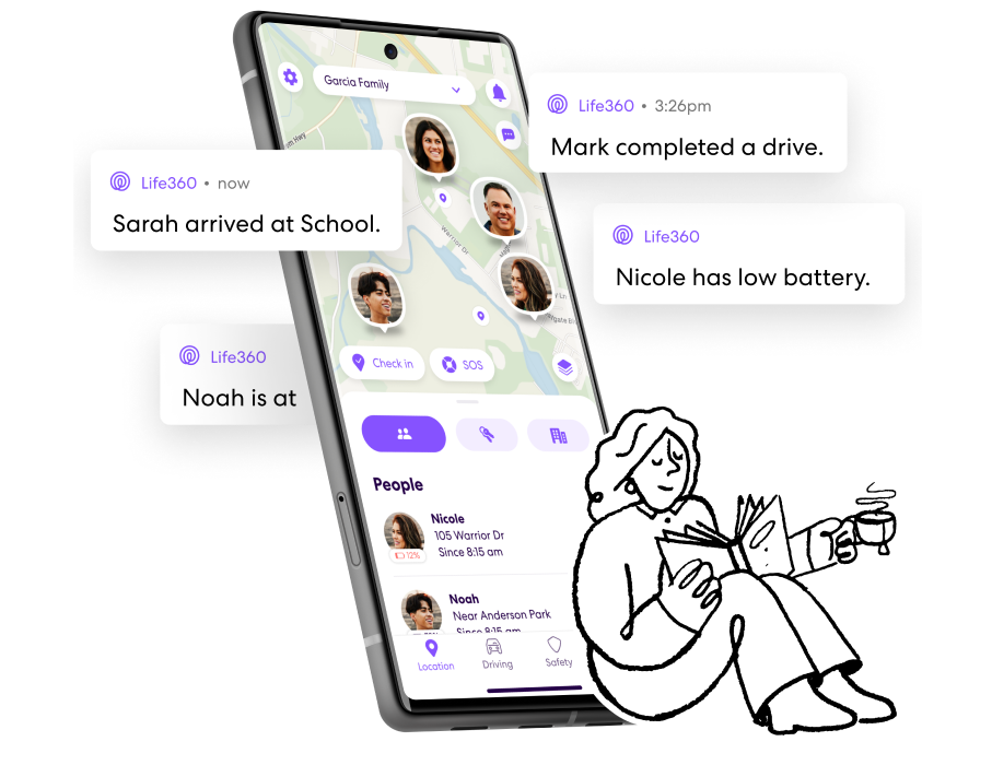 Illustrated woman with coffee and a book leaning against mobile phone with Life360 app