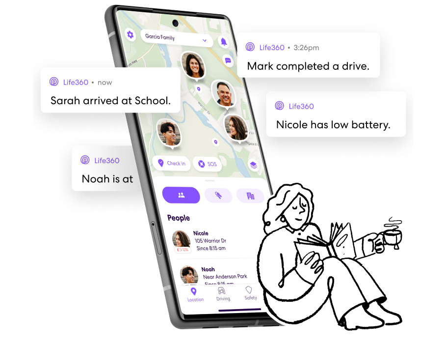 Illustrated woman with coffee and a book leaning against mobile phone with Life360 app