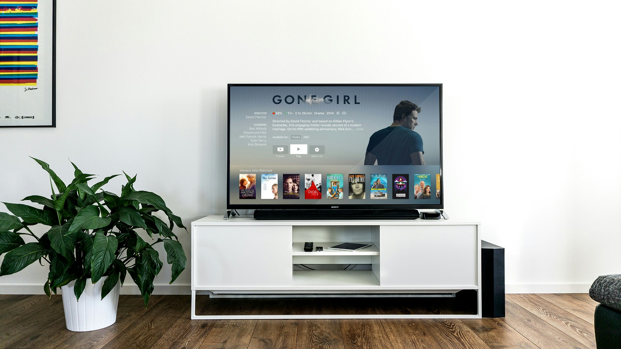 A TV in a living room with Gone Girl on the screen