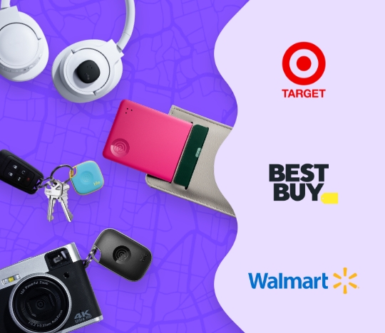 A banner with a Tile Sticker, Tile Mate, Tile Pro, and Tile Slim beside the Target, Best Buy, and Walmart logos.