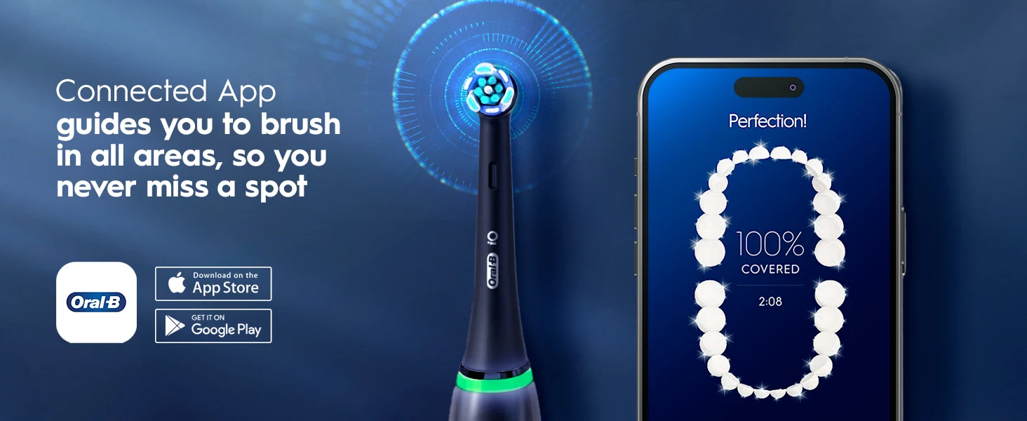 Oral-B smart toothbrush with app showing 100% brushing coverage on smartphone screen