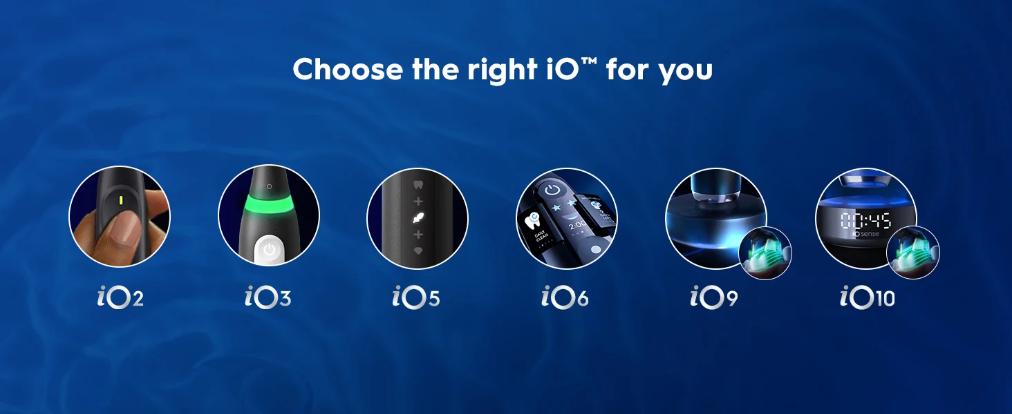 Six Oral-B iO electric toothbrush models (iO2, iO3, iO5, iO6, iO9, iO10) on blue background