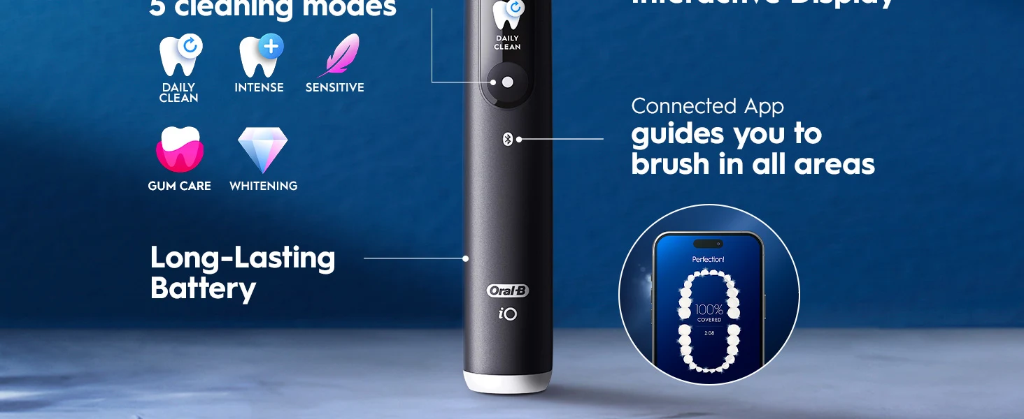 Oral-B iO toothbrush with 5 cleaning modes, long-lasting battery, and smartphone app connectivity