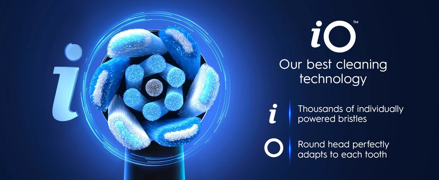 iO toothbrush with blue round head and text highlighting advanced cleaning technology