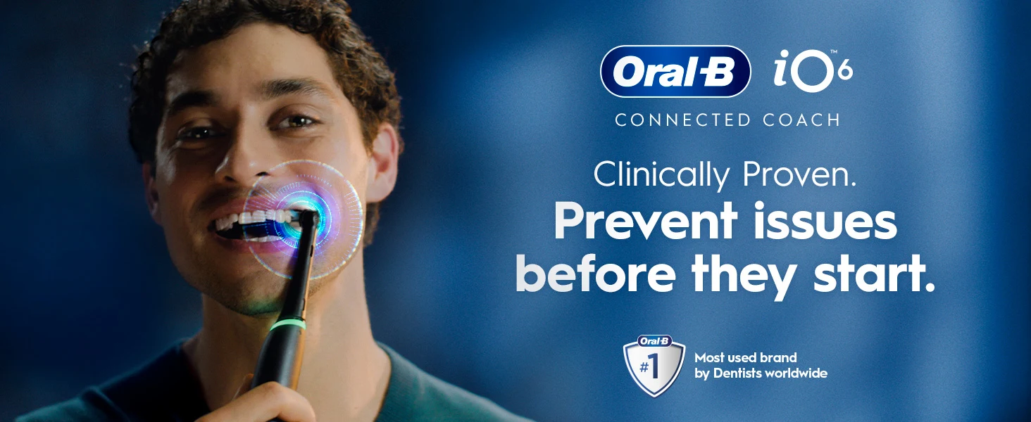 Person using Oral-B iO6 electric toothbrush with text 'Prevent issues before they start'