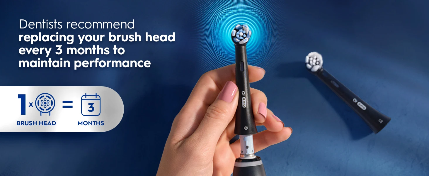 Hand holding electric toothbrush with text recommending brush head replacement every 3 months