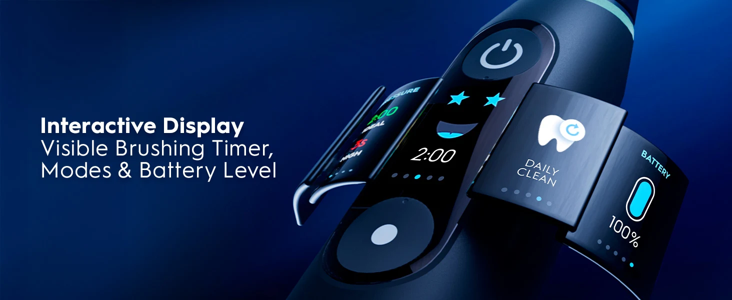 Electric toothbrush with digital display showing timer, cleaning modes and 100% battery level.