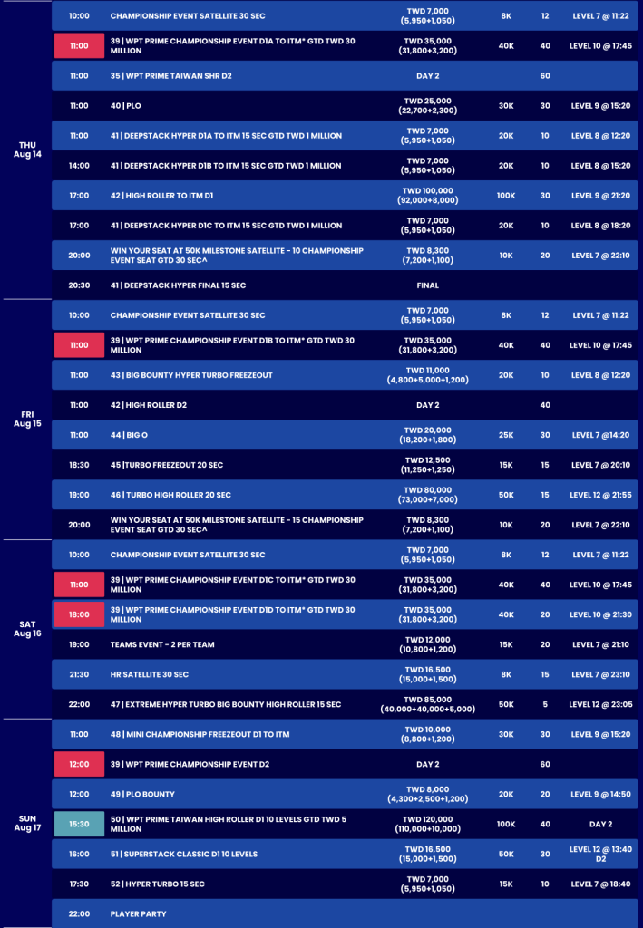 WPT Prime Taiwan - Schedule