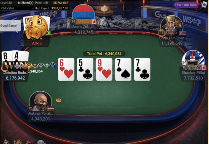 WSOP #70 – $25K NLH POKER PLAYERS CHAMPIONSHIP – straight for winner Rudolph. Botteon had pocket Queens.