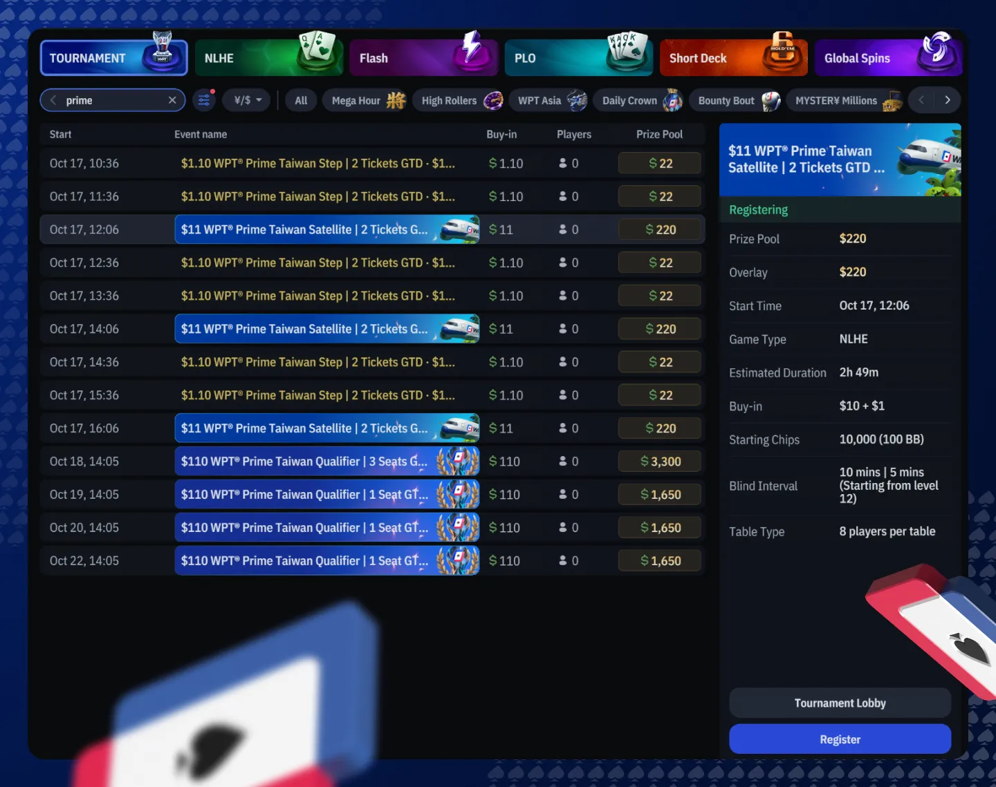 WPT Prime Taiwan satellite tournaments listed in the WPT Global lobby, including $1.10 Step events and $110 Main Event qualifiers. (Source: WPT Global)