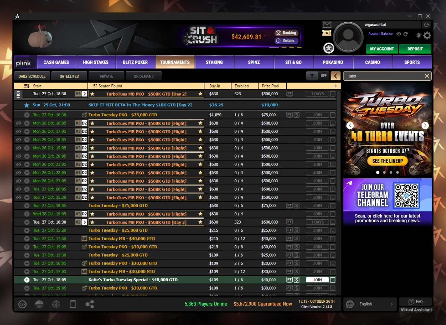 ACR Poker's Turbo Tuesday lobby featuring the $500K guaranteed Mystery PKO alongside other weekly Turbo tournaments.