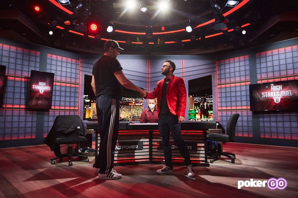 Phil Hellmuth (left) and Daniel Negreanu (right) shaking hands after the match. Credit: PokerGO