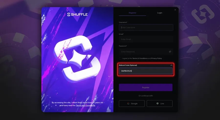 Shuffle Casino Sign Up – Enter Code SMPBONUS in Referral Field
