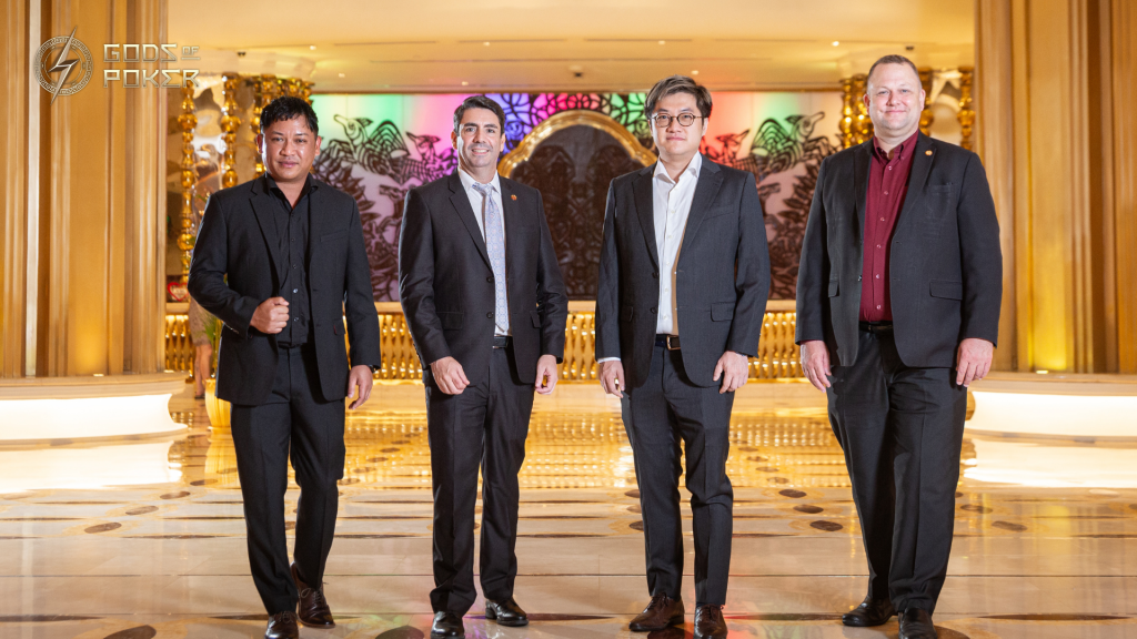 (L–R) Lloyd Fontillas (GOP Founder & GM), Christopher Tessitore (NagaWorld VP Casino Marketing - Mass & Premium Mass), Ray Chiu (GOP CEO), Christopher Gros (NagaWorld Senior Manager Poker Operations)