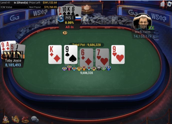 WSOP #66 – $800 Pot Limit Omaha – set of 9’s for winner Joyce