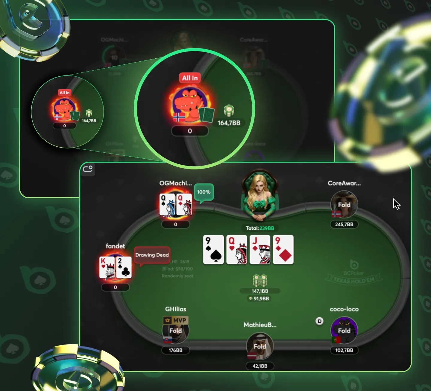 164 Big Blind All-In at $50/$100 with King High on BCPoker