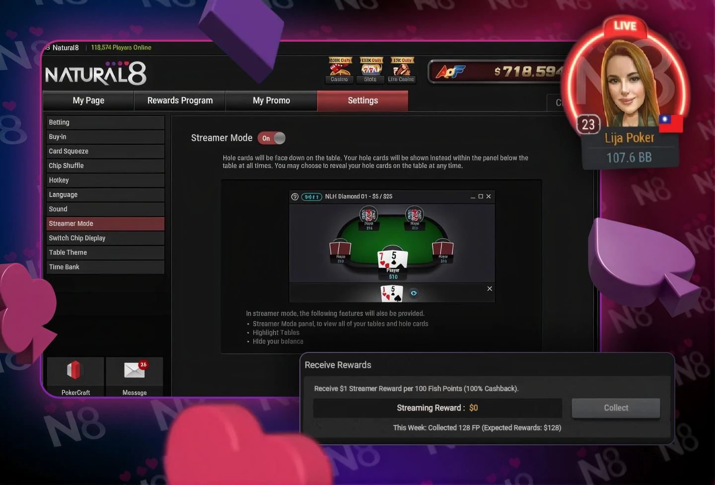 Natural8's Streamer Mode settings and rewards panel, showing the feature enabled and the available streaming rewards.