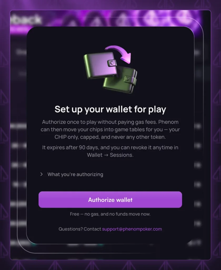 Phenom Poker Gas-Free Wallet Authorization