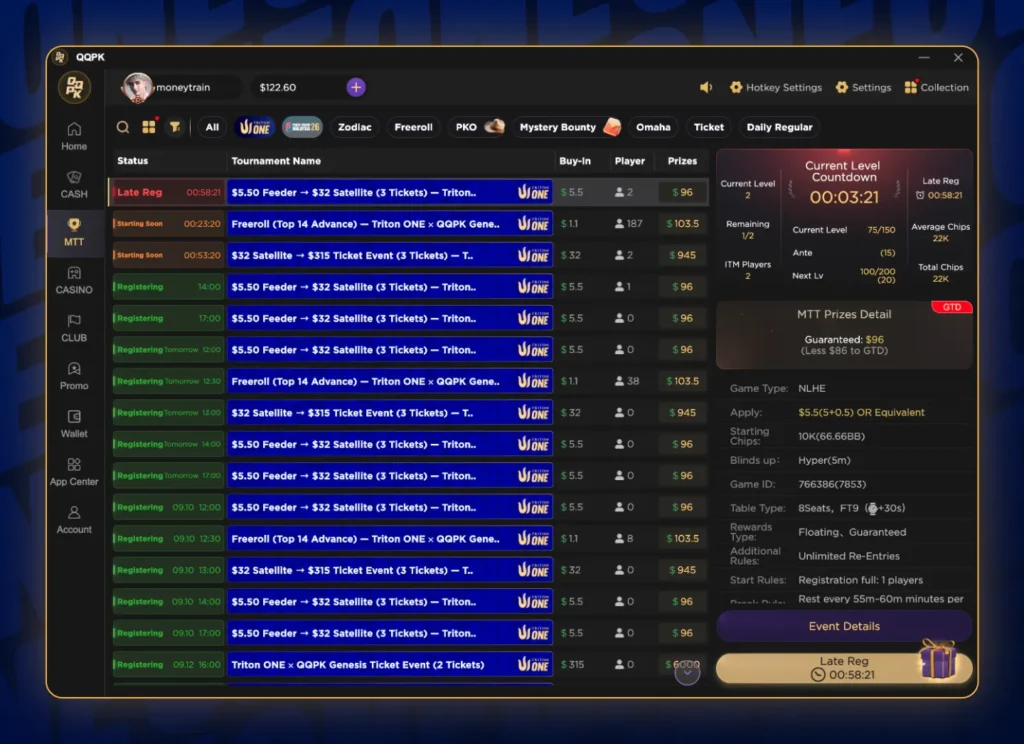 QQPK Tournament Lobby - Triton ONE Satellite Schedule