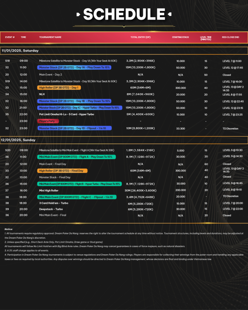 Dream Poker Da Nang schedule 4