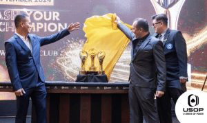 USOP “Elite High Roller” Trophy officially revealed by-from left Mr. Tobias Bui (Founder of Crown Poker Club), Mr. Paul Lee (CMO of USOP), and Mr. Erique Tan (VP of USOP)