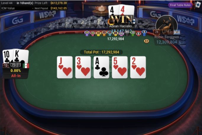 WSOP #78 – $1K Turbo NLH 8-Handed – pair of fours for winner Hacialioglu