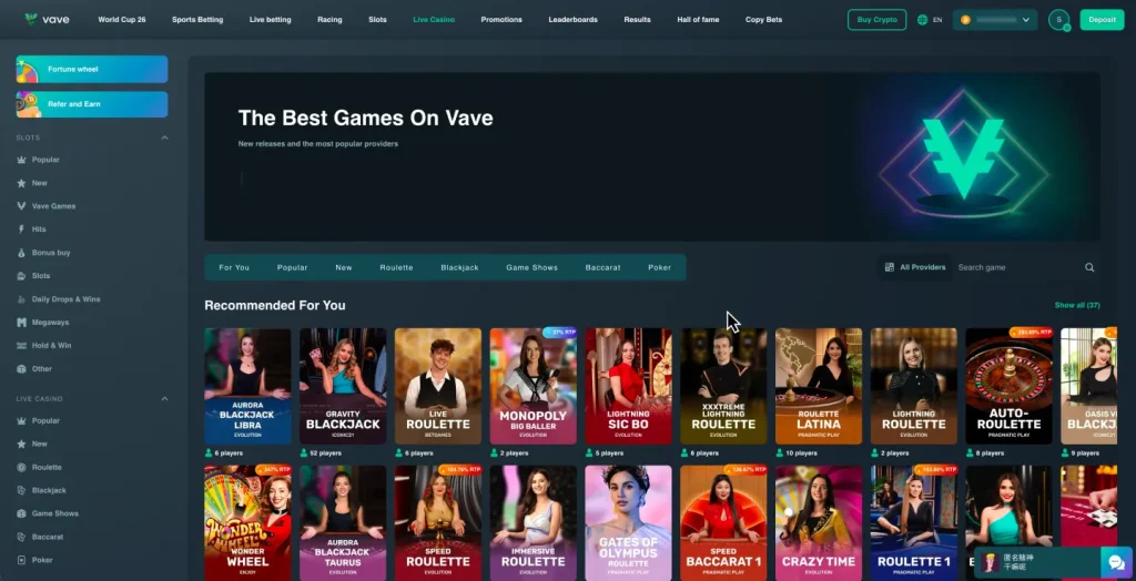The Best Games on Vave - Live Casino Games, Blackjack, Roulette, and Game Shows