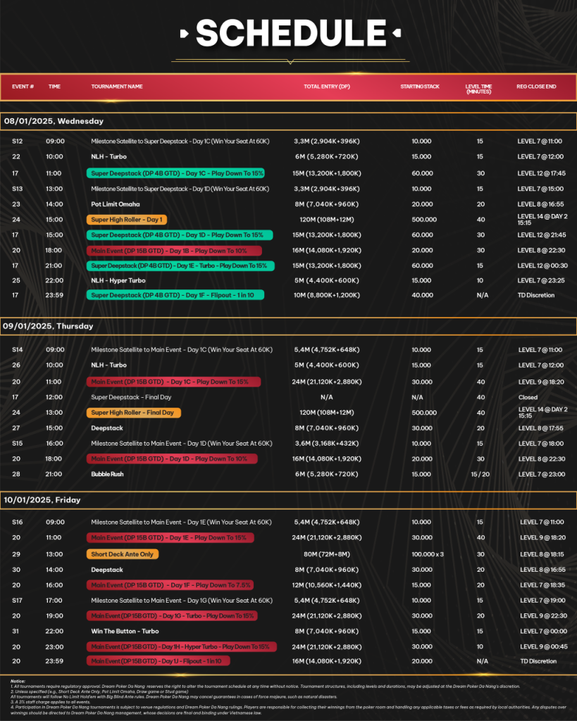 Dream Poker Da Nang schedule 3