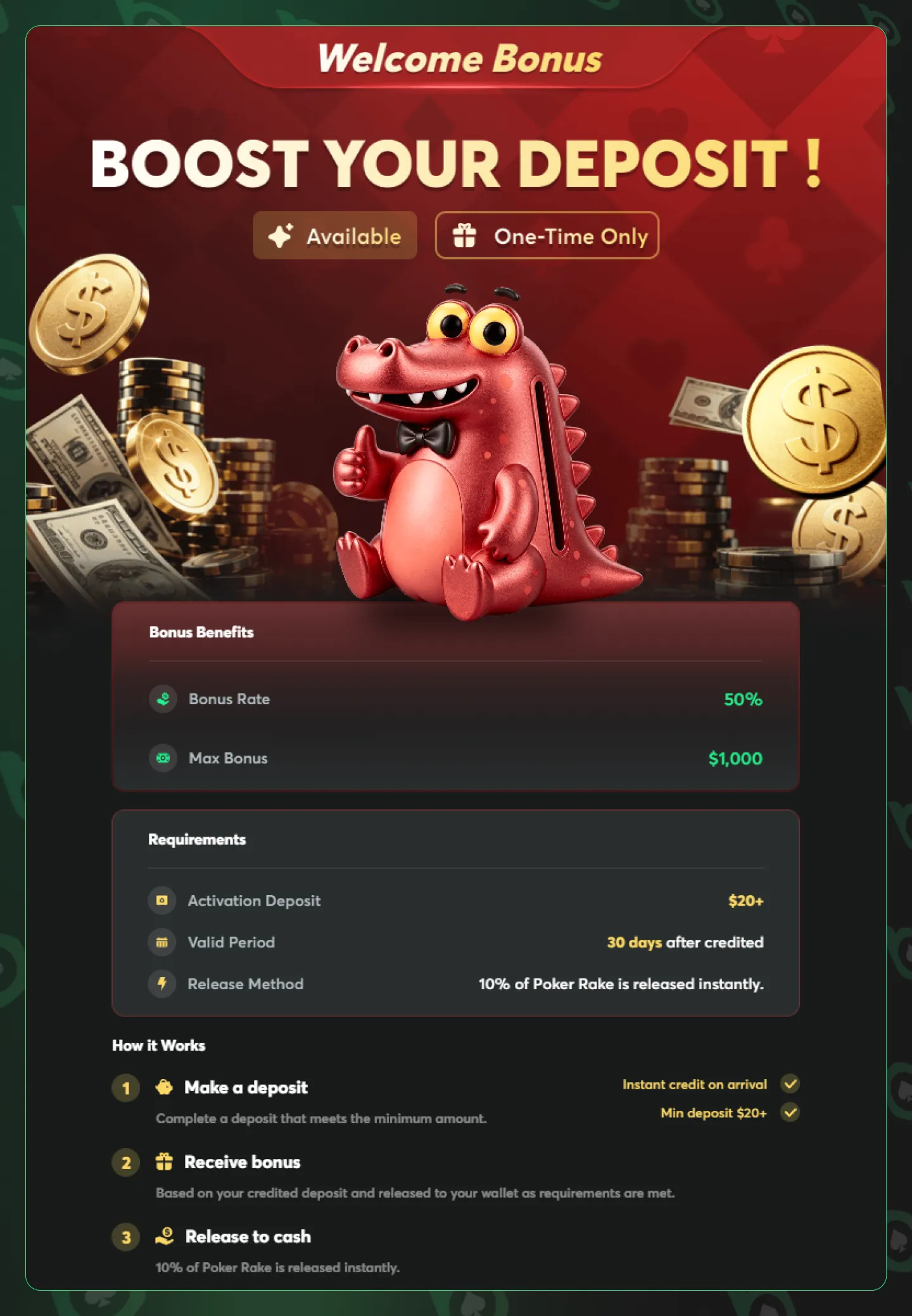 BCPoker's Welcome Bonus dashboard outlines the 50% deposit match up to $1,000, the $20 minimum deposit and the 30-day period for releasing bonus funds through eligible poker rake.