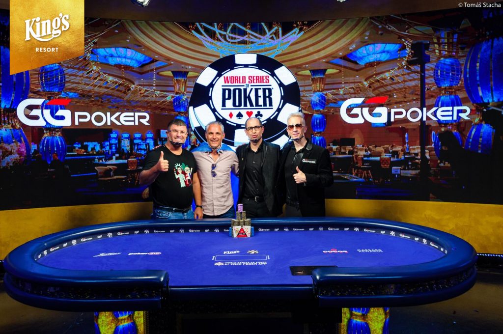 Winner Damian Salas (second from left) next to casino owner Leon Tsoukernik (left) and GGPoker ambassador Bertrand “ElkY” Grospellier (right end). Credit: King’s Casino Rozvadov Facebook