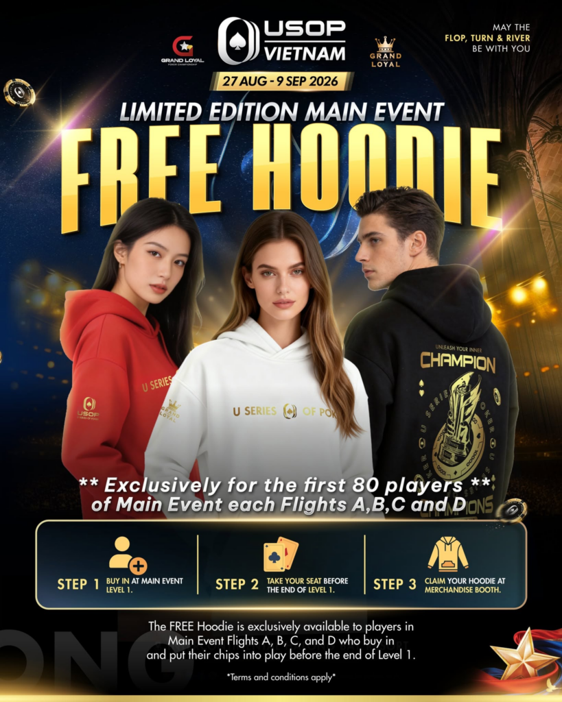 The first 80 players in each Main Event flight to get chips in play before the end of Level 1 claim a free limited edition hoodie