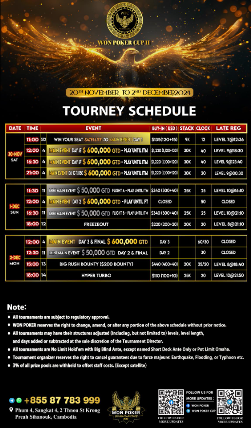 Won Poker Cup II Schedule
