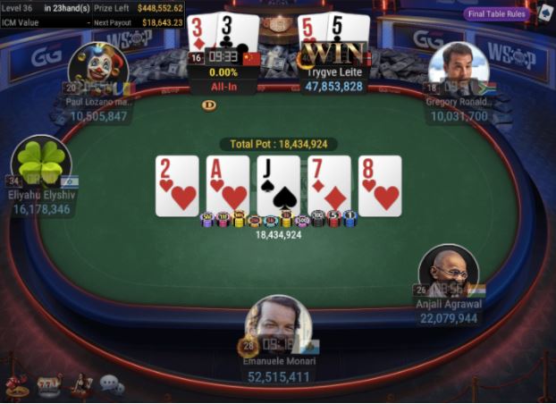 WSOP #75 – $300 Double Stack No Limit Hold’em – pair of 5’s for winner Leite