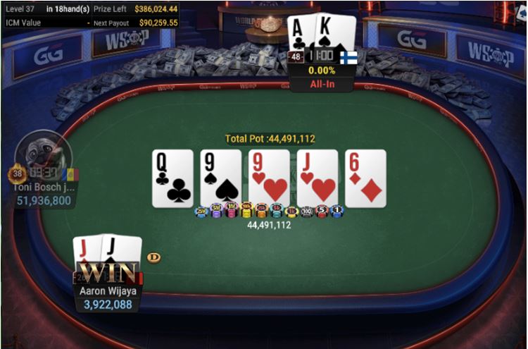 WSOP #38 – $600 Monster Stack NLHE 6 Handed – full house for winner Wijaya
