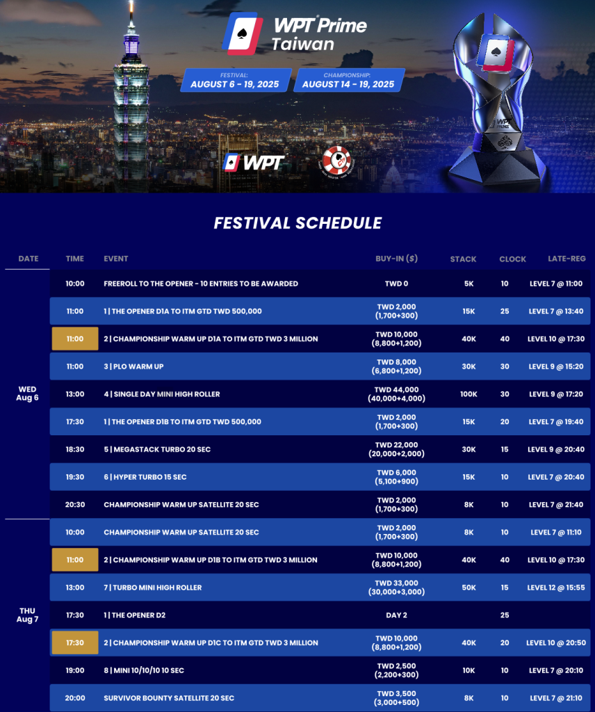 WPT Prime Taiwan - Schedule