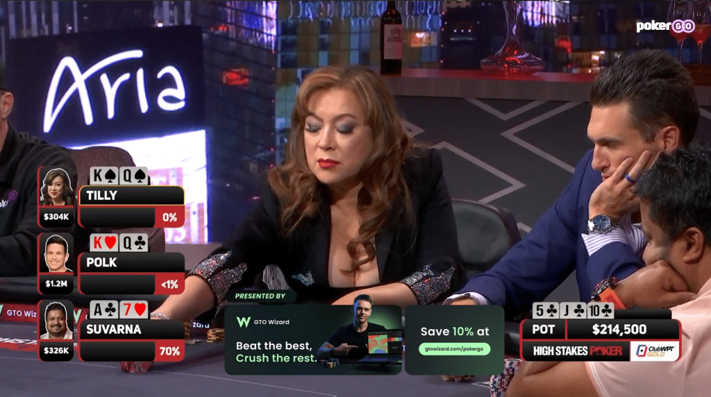 Jennifer Tilly next to Doug Polk and Suvarna at High Stakes Poker