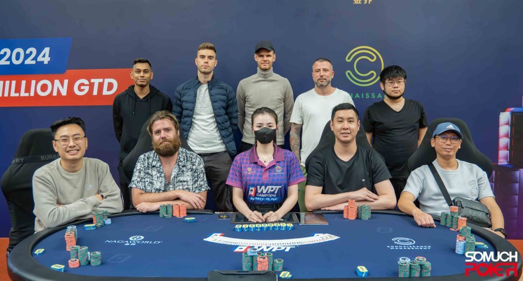 Standing L-R: Ceesvin Abdullah, Frank Lillis, Bas De Laat, Luke Keay, Quan Qiu – Sitting L-R: Win Meng Tan, Daniel Neilson, dealer, Punnat Punsri, Jijun Xu