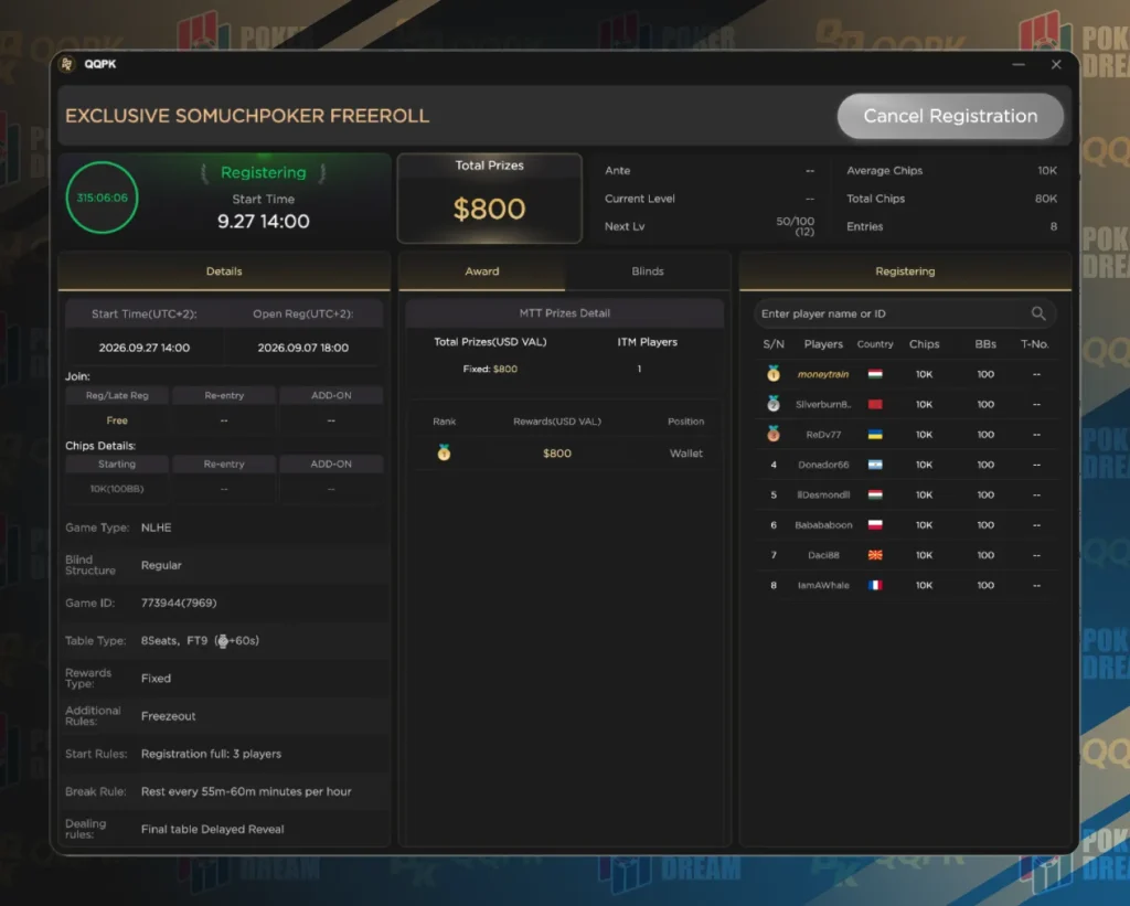 QQPK Somuchpoker Freeroll - Tournament Details