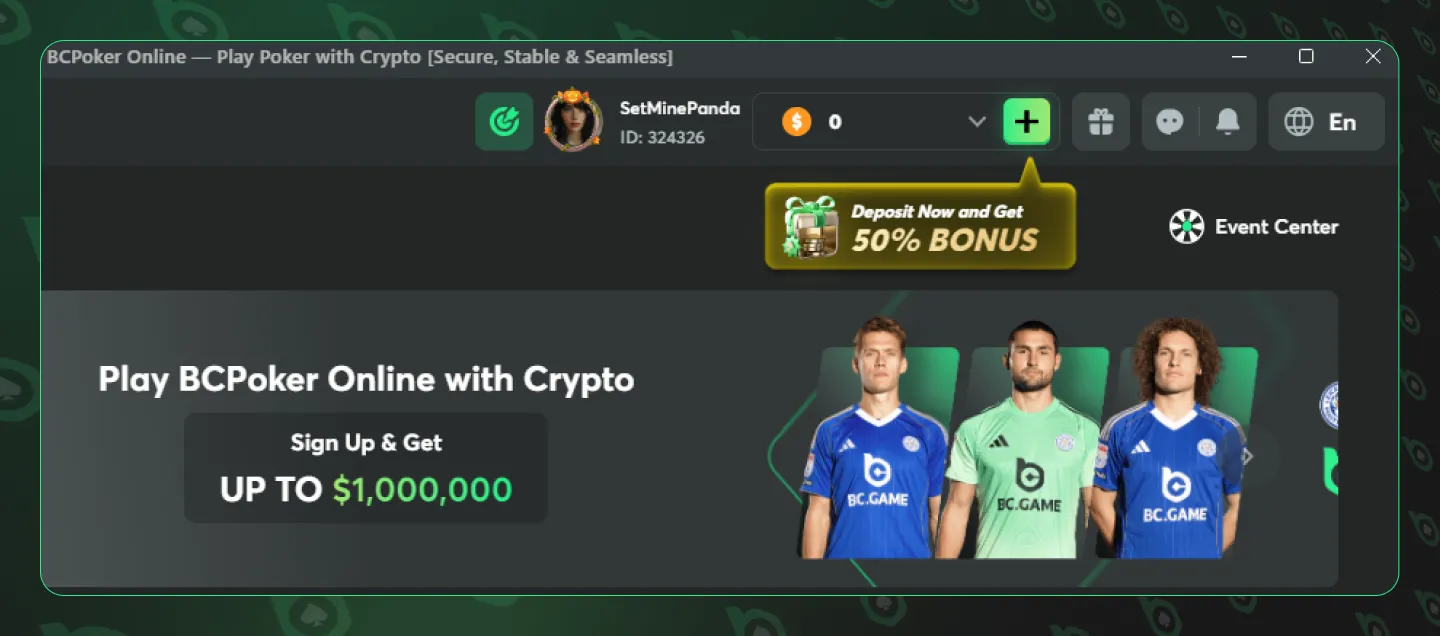 BCPoker promotes its new 50% Welcome Deposit Bonus directly in the desktop client, encouraging eligible players to activate the offer before depositing.